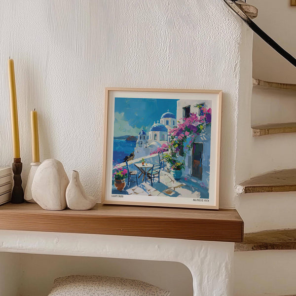 Stampe artistiche mediterranee di Santorini per la casa