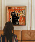 Stampa artistica Jazz Cat, colori primari arancione, nero, giallo per la casa