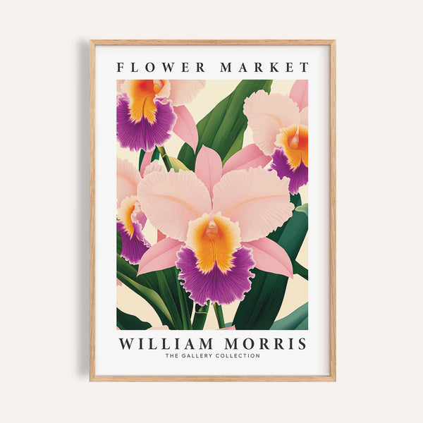 Stampa artistica da parete con orchidee e dettagli floreali viola e gialli