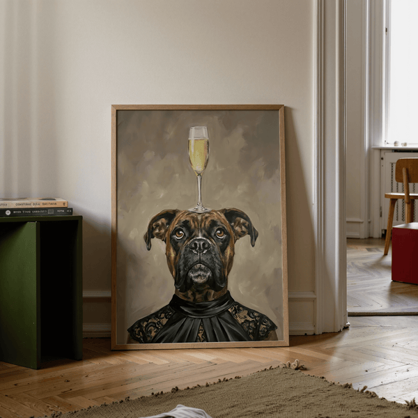 Quadro con stampa di cane boxer con tonalità champagne, nero, marrone e beige