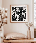 Playful black and white cat wall art with abstract styling