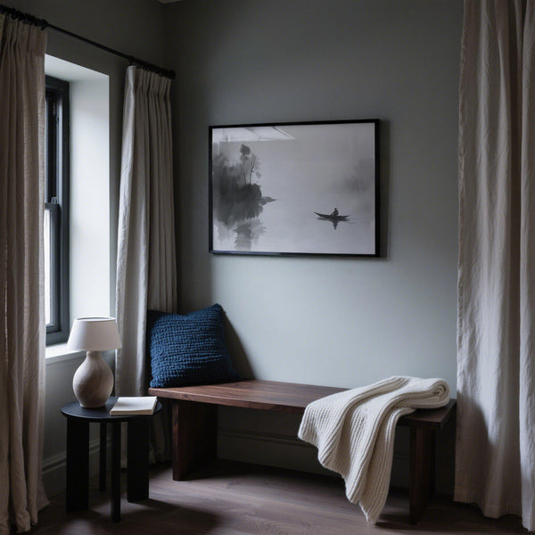 Paesaggio monocromatico con un pescatore che rema nella nebbia, opera d'arte giapponese raffigurante un pescatore.