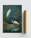 Egret Wall Art eleganti aironi in blu e oro per decorazioni murali da bagno