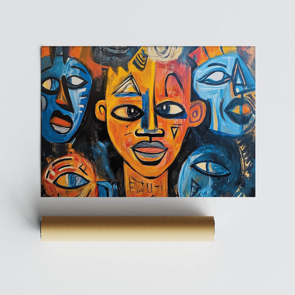 Design espressivo del volto utilizzato nell'arte murale africana astratta