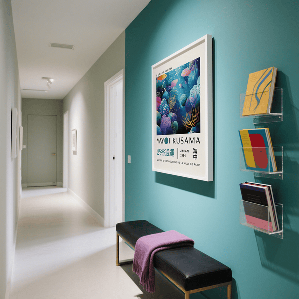 Disegni colorati di coralli e pesci in stile pop art su stampe artistiche dedicate ai pesci