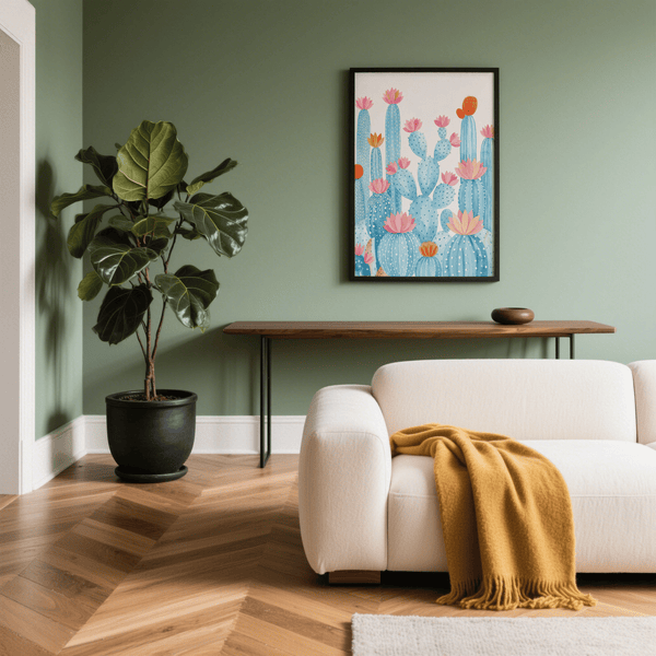 Handmade Cactus Art Print, primary colors pink and blue, for studio space