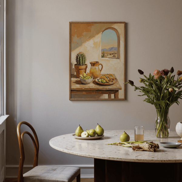 Arte culinaria messicana esposta come decorazione murale in un'accogliente sala da pranzo