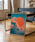 Poster Japandi Waves Print blu e rosso per decorare la camera da letto