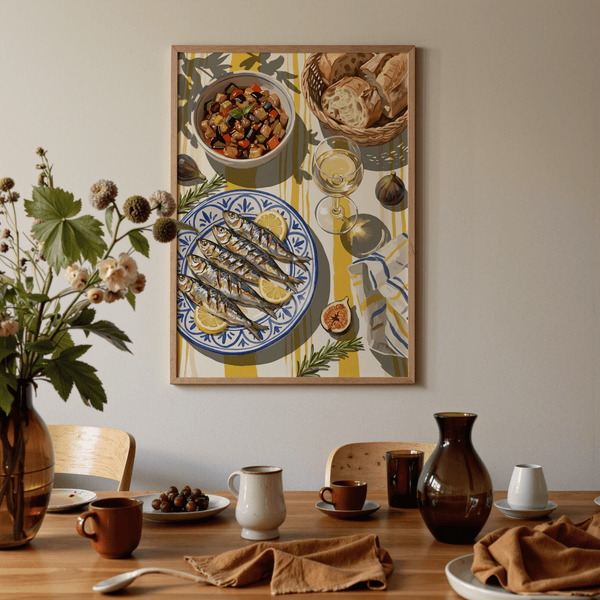 Multicolored Mediterranean Kitchen Decor print, ideal for cozy kitchen areas