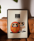 Poster con stampa della bambola Daruma in beige e arancione per decorare la camera da letto