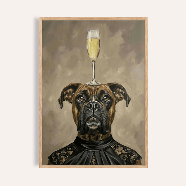 Stampa Boxer Dog in nero, marrone, beige per decorazioni murali da salotto