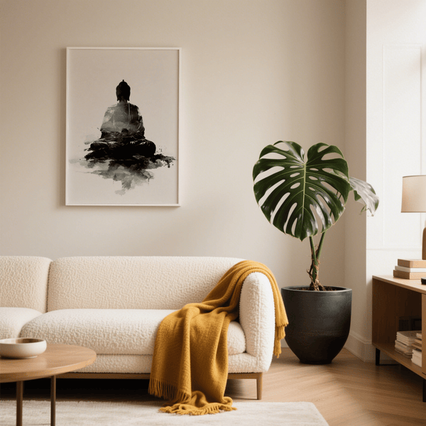 Poster spirituale minimalista, tonalità nere, stampa artistica per sala meditazione