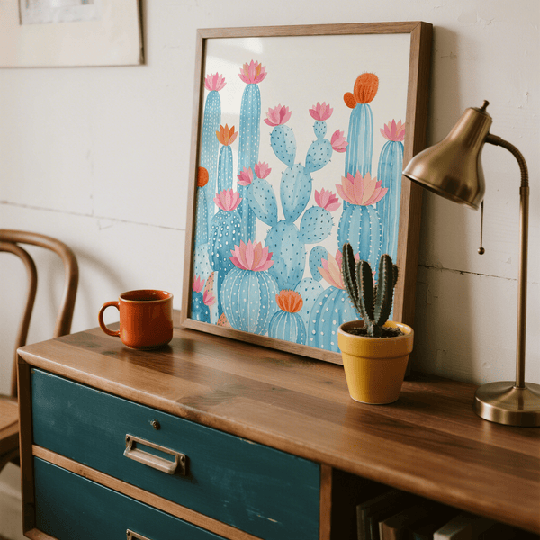 Colorful Cactus Art Print with pink flowers, blue background, for bedroom