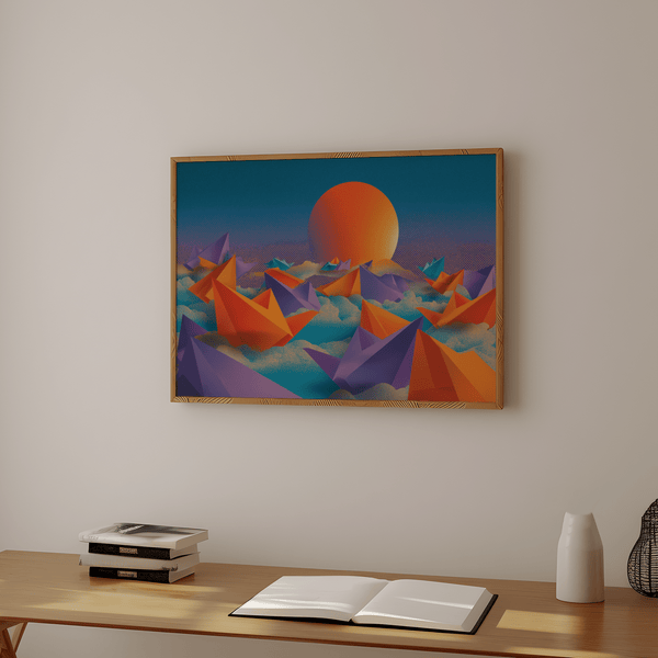 Origami Wall Art in blu, viola e arancione per una stampa creativa in studio