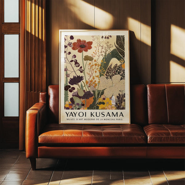 Poster grafico Yayoi Kusama con audaci motivi floreali per le pareti delle gallerie