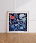 Deep blue background with red mushrooms in Red and Blue Wall Art