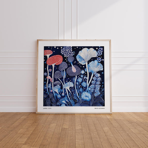 Deep blue background with red mushrooms in Red and Blue Wall Art