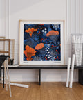 Japanese Blue Orange Wall Art influenced by Yayoi Kusama’s signature dot style.