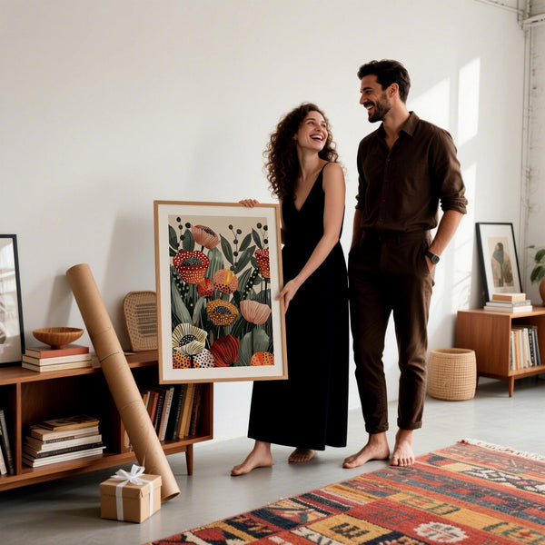 Fiori di papavero stilizzati con fogliame verde terra e forme floreali audaci