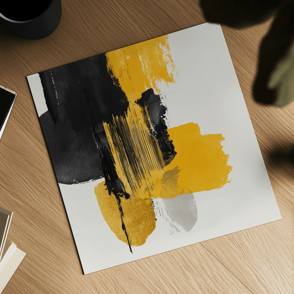 Poster artistico astratto audace con palette di colori giallo e nero per la zona pranzo