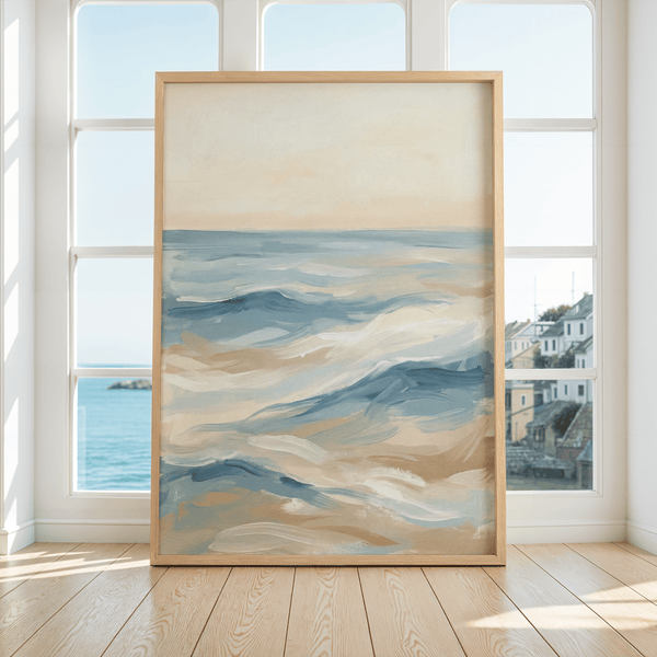 Minimalist Ocean Wave Art Print with blue, white, and beige for hallway wall art