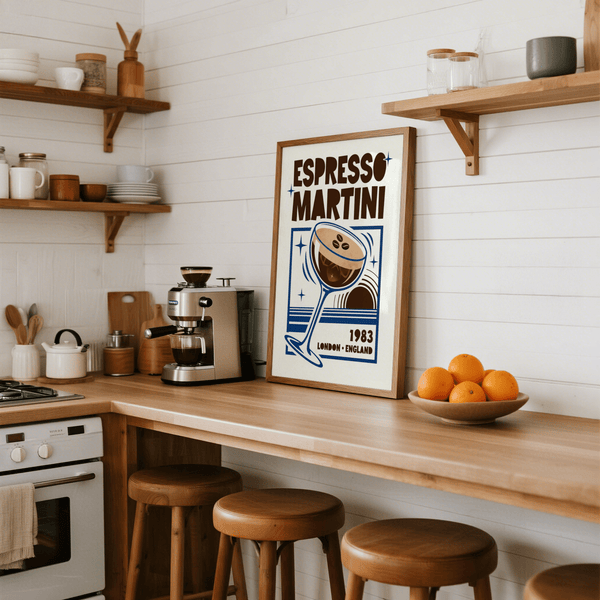 Poster da sala da pranzo Retro Espresso Martini Print blu marrone