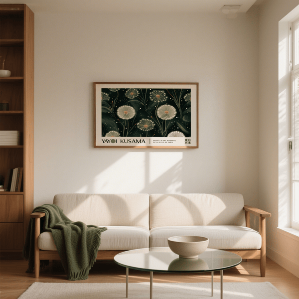 Decorazione murale in verde smeraldo con denti di leone bianchi sopra un divano moderno nel soggiorno