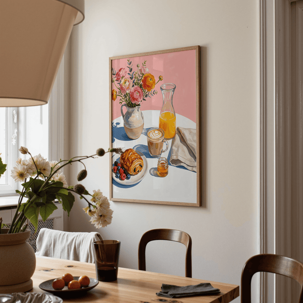 Breakfast Wall Art for kitchen decor with pink and orange floral accents wall art