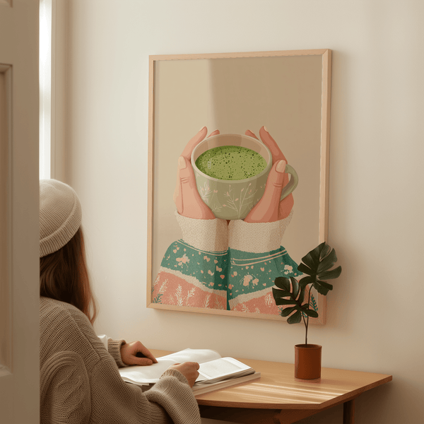 Stampa artistica moderna con tema tè Matcha in verde per decorare le pareti dell'ufficio
