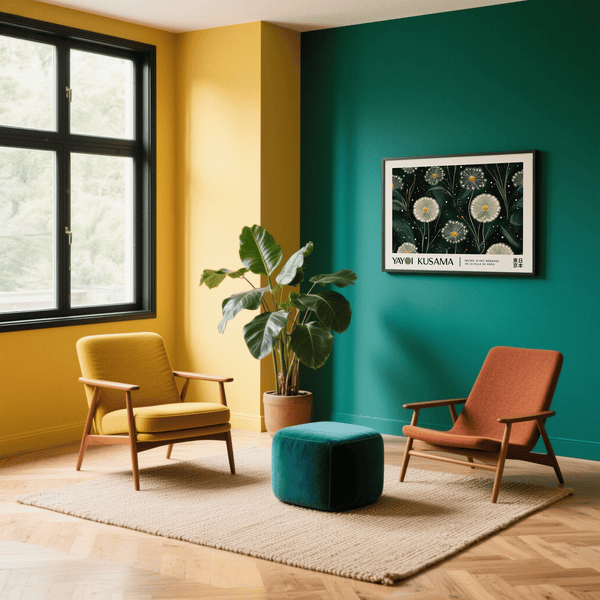 Grande quadro da parete verde smeraldo con accenti dorati a forma di dente di leone