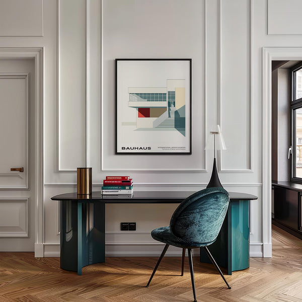 Blocchi rossi e beige presenti nei poster di architettura ispirati al Bauhaus.