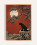 Black Panther Moon Print in bold Red, Beige, and Black for living room wall art