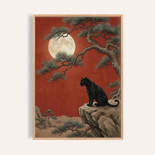 Black Panther Moon Print in bold Red, Beige, and Black for living room wall art
