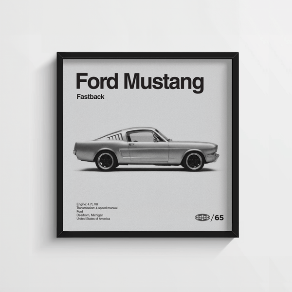 Stampa artistica Ford Mustang in nero, bianco e grigio per un arredamento elegante del garage
