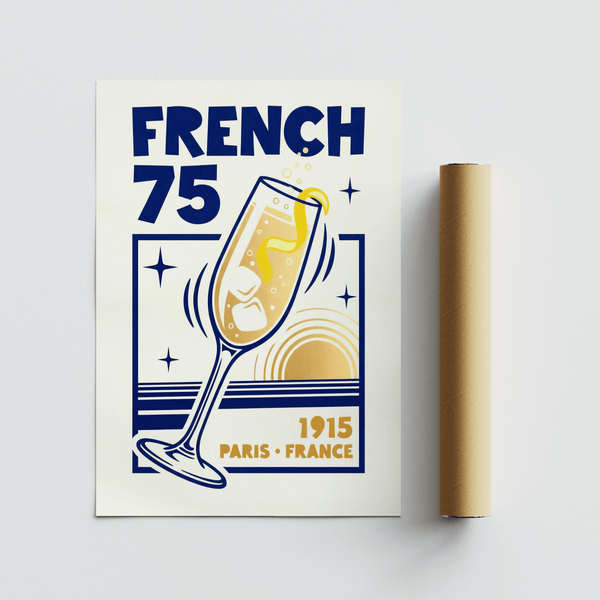 Stampa artistica French 75 con vivaci tonalità di giallo e blu per il bar di casa