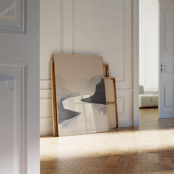 Pittura tradizionale giapponese a inchiostro in tonalità neutre e delicate.