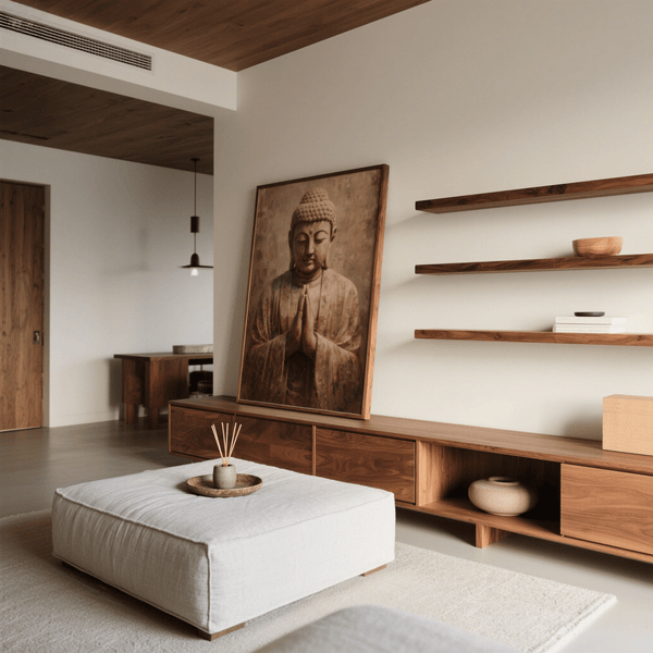 Stampa artistica meditativa per l'arredamento della camera da letto nei toni del marrone e del beige