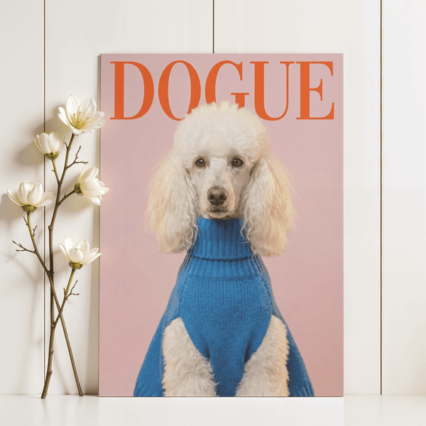 Stampa Dogue Poodle con un'immagine alla moda di un cane per l'ufficio nei colori rosa, blu e rosso