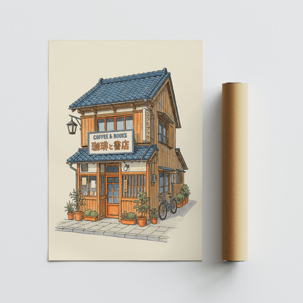 Arte giapponese per caffetterie con accenti beige, decorazioni murali a tema caffetteria