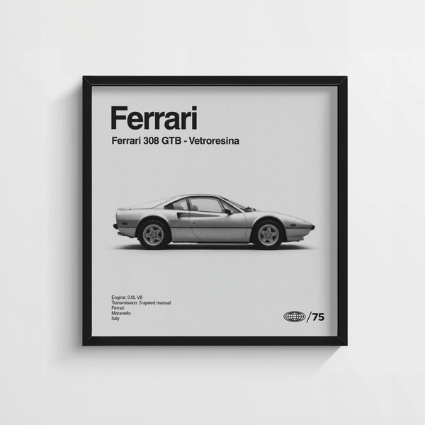 Modern Ferrari 308 GTB Print in Black and White for hallway wall