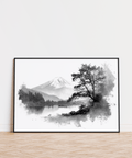 Decorative Black and White Print landscape for entryway, dominant gray, black, and white colors