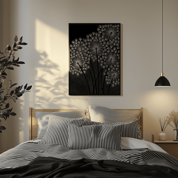 Stampa artistica minimalista in bianco e nero con denti di leone per l'arredamento dell'ufficio