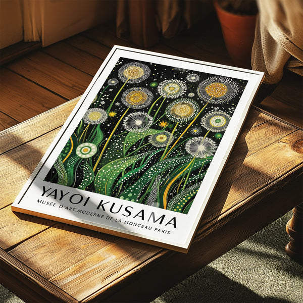 Quadro astratto con motivi botanici raffigurante un campo di fiori simili a denti di leone.