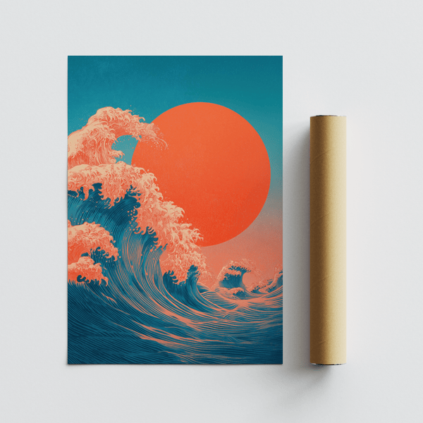 Japandi Waves Print Stampa artistica blu e rossa ideale per un angolo lettura