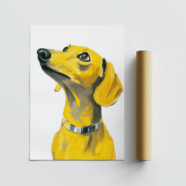 Stampa con cane bassotto e dettagli gialli per un'elegante decorazione da parete per la cucina