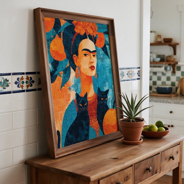 Grafica artistica di Frida Kahlo con elementi botanici e ricchi contrasti.
