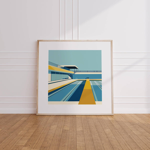 Stampa piscina in stile architettonico con linee pulite e vivaci contrasti cromatici
