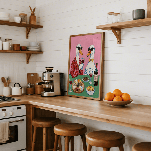 Poster con vino e formaggio con decorazioni multicolori a tema formaggio e anatra per la sala da pranzo