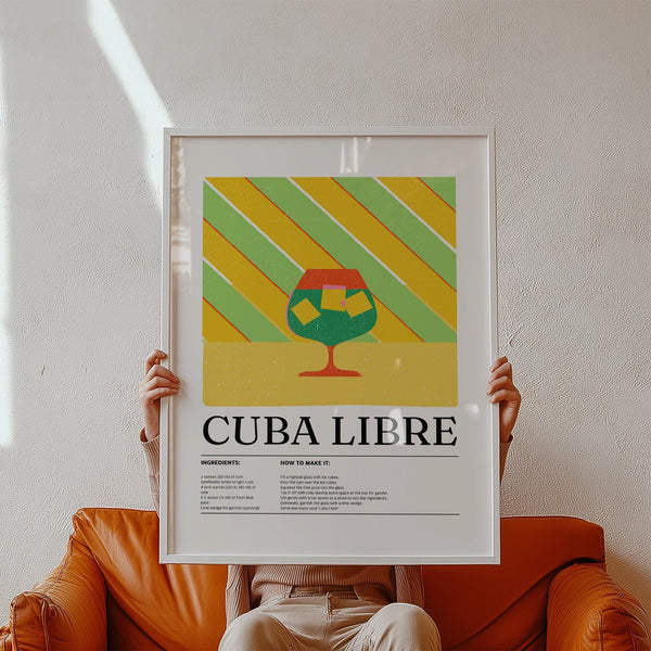 Grande quadro colorato raffigurante un cocktail Cuba Libre su sfondo verde e giallo.