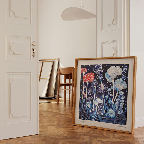 Dot and line textures in Red and Blue Wall Art mushroom garden